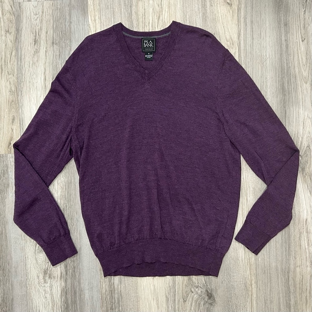 JoS A Bank Traveler 100% Merino Wool Sweater V Neck Long Sleeve Purple Size XL